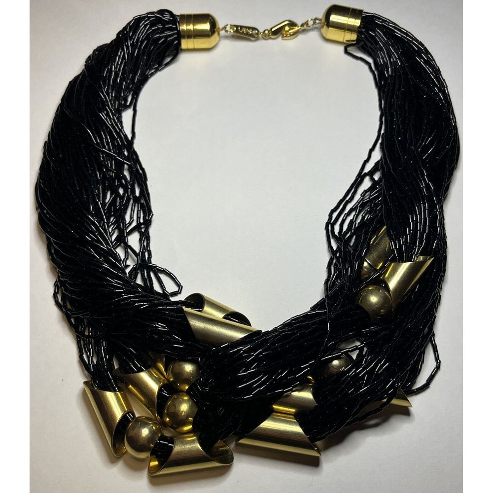 SAFI Black & Gold Tone Multi Strand Beaded Vintage Statement & Fashion Necklace